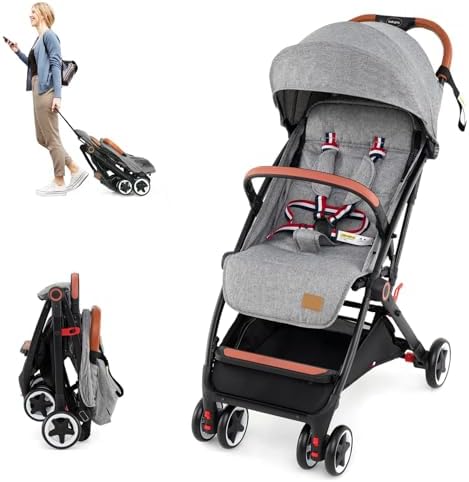 HONEY JOY Travel Stroller, One-Hand Quick Fold Lightweight Umbrella Stroller for Airplane, Wrist Wrap & Net, Multi-Position Recline, Overhead Friendly Compact Stroller for Newborn and Toddler(Gray)