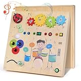 Montessori Busy Board for Toddlers,Wooden Sensory Toys with Wooden Drum​ Musical Toy,LED Lights,Switches,Learning ActivityBoard for Fine Motor Skills, Travel Toy Fidget Board for Baby Boy & Girl