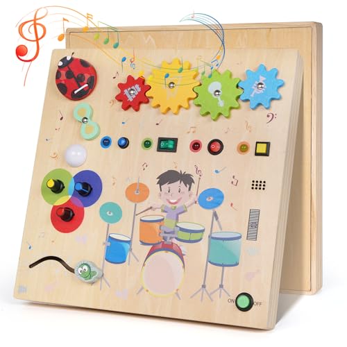 Montessori Busy Board for Toddlers,Wooden Sensory Toys with Wooden Drum​ Musical Toy,LED Lights,Switches,Learning ActivityBoard for Fine Motor Skills, Travel Toy Fidget Board for Baby Boy & Girl