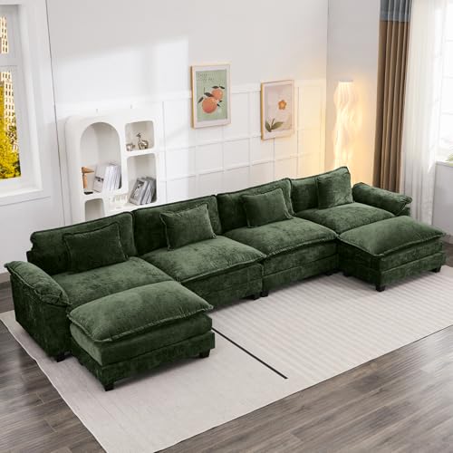 Oprisen 154' Modular Sectional Sofa, Comfy Cloud Couch Sectional Sofa with Ottoman, Chenille Sofa Sleeper Deep Seat Sofa with Throw Pillows for Living Room (Green, 154'- U Shape)