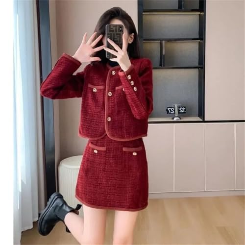 Women's Spring Short Jacket Skirt Two-Piece Elegant Look Origin Suits Red Thin Coat Skirt Suit L4