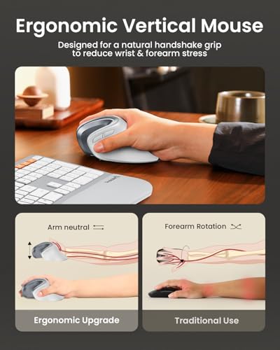 Image of ProtoArc EM11 NL Wireless Ergonomic Vertical Mouse, White | 58 vertical design supports a natural wrist posture; connect 3 devices via Bluetooth /2.4G USB-A; 500mAh USB-C rechargeable.