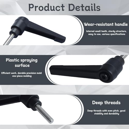 Image of Clamping Lever Handles with Quick Release Push Button Locking, 304 Stainless Steel M5 x 20mm Stud - Black (6 Pack)