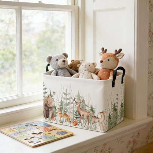Image of Rectangular Storage Basket,Kids Basket Animal Baskets Cute Storage Bins,Waterproof Collapsible Clothes Kids Storage Basket,Gift Basket,Animals Room Decor(Woodland Animal)