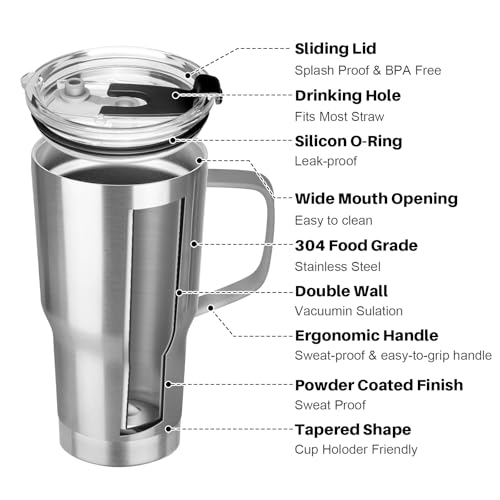 Image of 20 oz Tumbler with Handle, Stainless Steel Insulated Tumbler with Lid and Straw, Double Wall Vacuum Coffee Mug Tumbler, Insulated Coffee Thermal Cup for Cold and Hot (Silver)