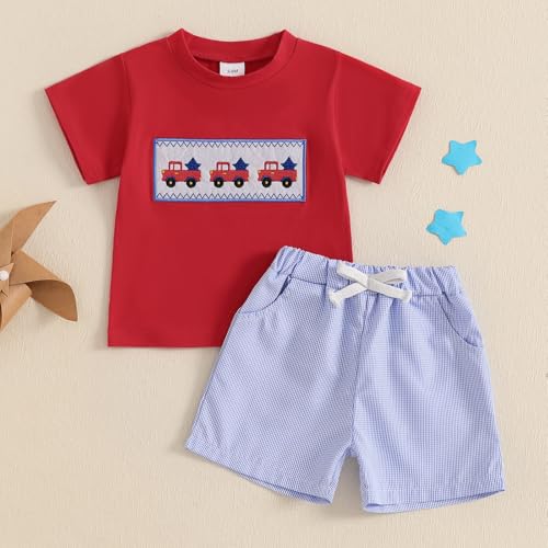 Image of 4th Of July Toddler Boy Outfit Popsicle American Flag T-Shirt and Gingham Plaid Shorts Set Independence Day Clothes