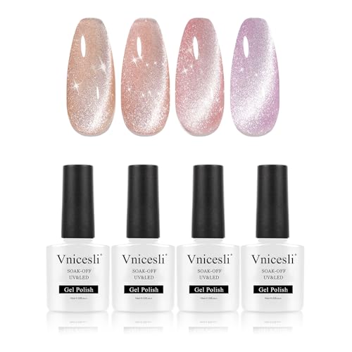 Vnicesli Smalto Semipermanente Unghie Magnetico, 4 Colori 9D Cat Eyes Smalto Magnetico, Glitter Smalti Semipermanenti per Unghie Soak-Off UV/LED per Manicure Colorati