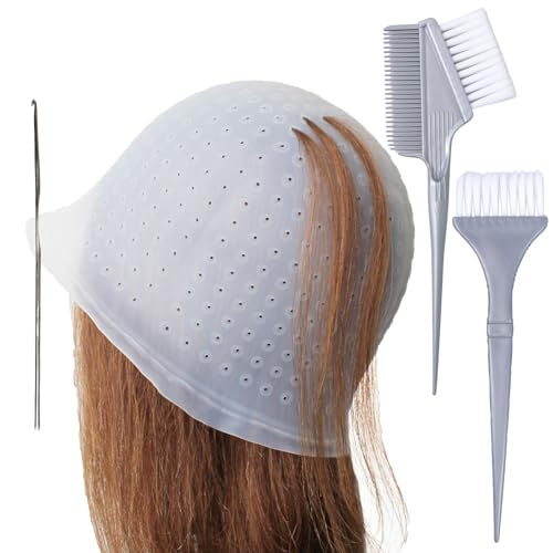 Punched Silicone Highlight Hair Cap with Needle Brushes Set Professional Reusable Highlighting Poked Hole Hooks for Salon Color Hairdressing Dyeing Staining Tools for Women Men