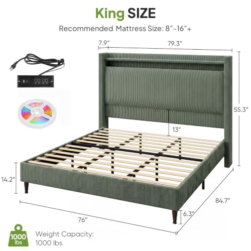 Image of King Size Bed Frame with 55.3 inch Tall Headboard, Corduroy Upholstered, Green