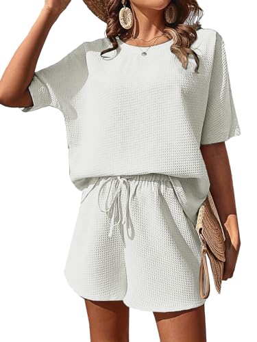 JFAN Conjuntos Chándal Mujer Verano Dos Piezas Conjunto Pantalones Cortos y Cuello Redondo Top Mujer Pantalones cortos con Cordón Ajustable para vacaciones en la playa,Blanco,S