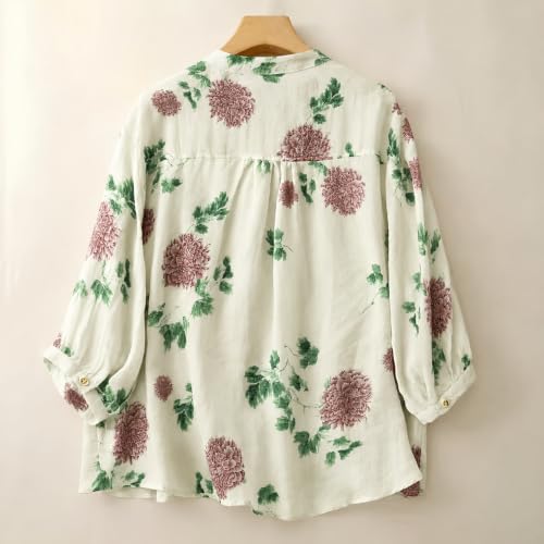 Image of Gufrina Women's Light Rose Floral Printed Button Down Shirt with Mandarin Collar and Relaxed Fit 3 /4 Sleeves