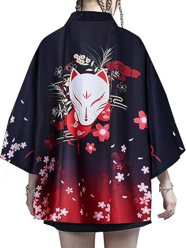 Image of LAI MENG FIVE CATS Women's Floral Print Loose Blouse Japanese Kimono Tops | Puff Sleeve,Cover up Top,Casual Cute Tops,Summer Cardigans 2026