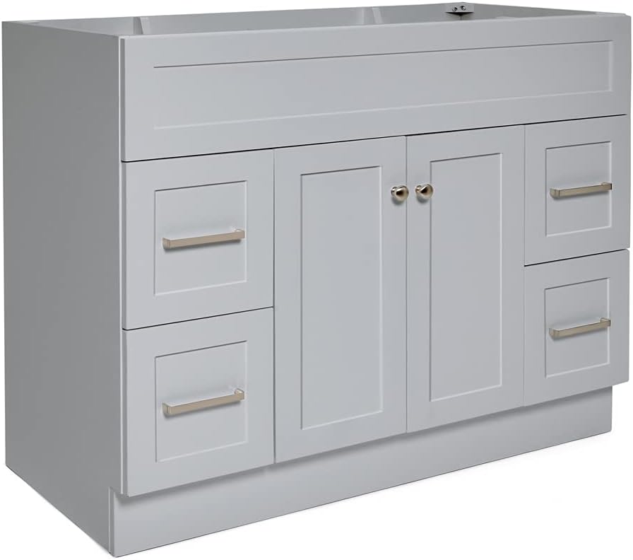 ARIEL Hamlet 42-inch Bathroom Vanity Base Cabinet,Solid Wood, 2 Soft Closing Doors, 4 Dovetail Drawers, Brushed Nickel, Grey