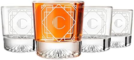 Greenline Goods – Monogram Art Deco Etched Letter C Whiskey Glass Perfect for Bourbon, Scotch, Liquor, Cocktail – Crystal Whiskey Glasses Set of 4 – Best Tasting Experience with Vintage Rocks Glasses