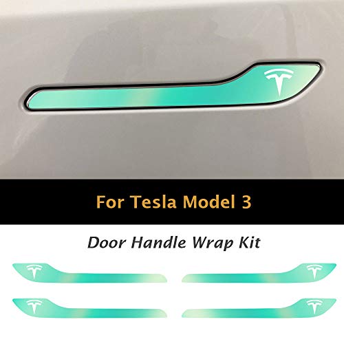 Image of IPG Compatible for Model 3 / Model Y /Juniper Door Handle Decal Sticker Wrap Kit (Set of 4) with Tesla Logo Personalize Your Tesla (Blue Coral)