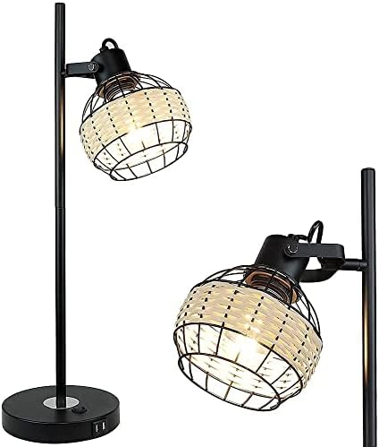 Depuley Industrial LED Nightstand Table Lamp, Modern Desk Lamp with 2 USB Charging Ports, Metal Bedside Lamps with Rattan Lampshade, Reading Light for Bedroom Living Room Student(E27 Bulb Incl.)