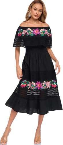 Image of YZXDORWJ Women Embroidered Mexican Peasant Casual Sexy Lace Off-Shoulder Long Dress