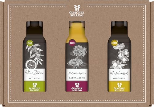 Ölmühle Solling Set Essig und Öl, bio, 3 x 100 ml Flaschen, Inhalt: Holunderblütenbalsamessig, Haselnussöl