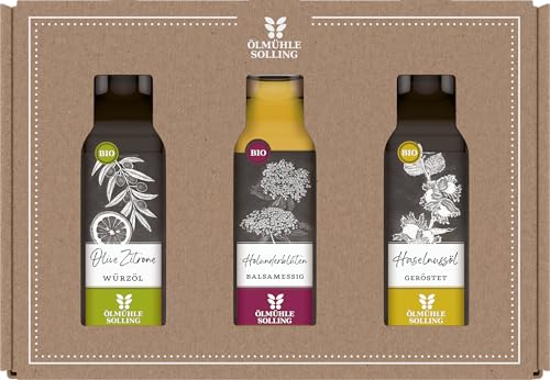 Ölmühle Solling Set Essig und Öl, bio, 3 x 100 ml Flaschen, Inhalt: Holunderblütenbalsamessig, Haselnussöl
