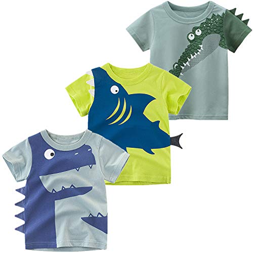 JUNOAI Toddler Boys Little Kids Clothes 3-Pack Short Sleeve Crewneck T-Shirts Top Tee Size for 2-6 Years (Crocodile, 6 Years)