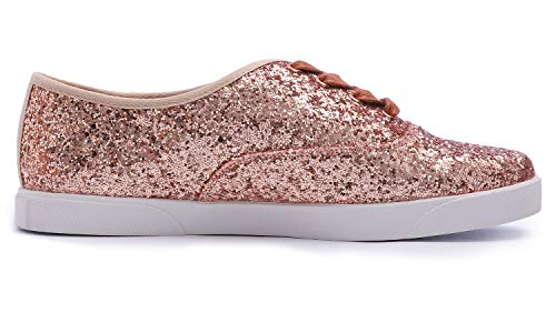 Feversole Women's Fashion Dress Sneakers Party Bling Casual Flats Embellished Shoes Rose Gold Plimsolls Glitter Lace Size 7.5 M Us #TOP3