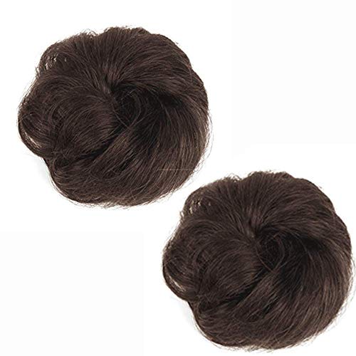 2PCS 100% Human Hair Scrunchies Messy Bun Hair Pieces for Women Curly Wavy Thick Rose Updo Chignons Extension