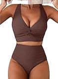 Herseas Womens Textured Bikini Sets 2026 Summer Twist Front V Neck Top Swimming Suits High Rise Bikini Bottom Tummy Control Bathing Suits Slimming Resort Wear Dark Brown Large