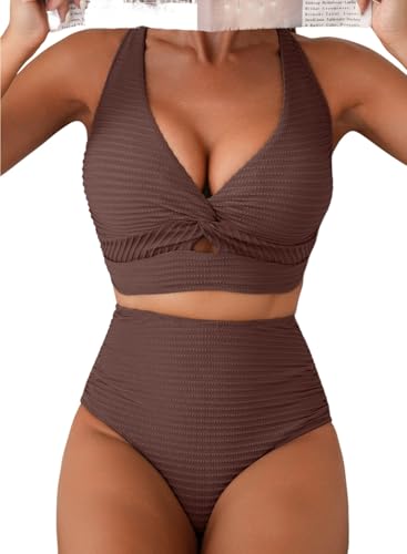 Herseas Womens Textured Bikini Sets 2026 Summer Twist Front V Neck Top Swimming Suits High Rise...