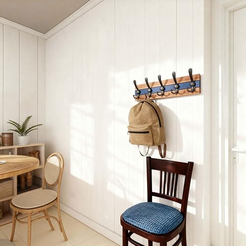 Image of SKOLOO Rustic Wall Mounted Coat Rack - 16-7 /8 inch Long Coat Hooks for Wall with 5 Triple Hooks for Hanging Coats, Hats or Tools, Western National Parks Collection, Wood Brown & Blue