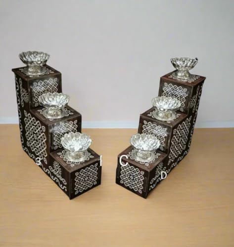German Silver Set of 6 Diya with Hand Painted MDF Detachable Steps/Stairs for Housewarming/Diwali/Gift Item, Brown