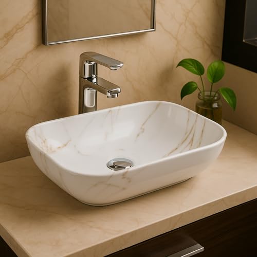 Image of Ceramic Tabletop Wash Basin - Glossy Rectangular Countertop Vessel Sink with Marble Finish for Bathroom & Vanity | Compact 18 x 13 x 5 Inch | Elegant Washbasin