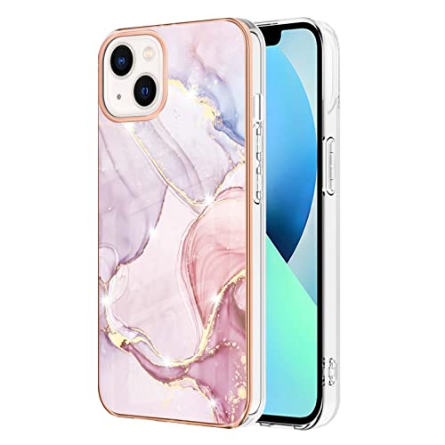 Knoowcase for iPhone 13 Case Marble Silicone, iPhone 13 Phone Case Shockproof Glitter Plated Gold Edges Protective Flexible TPU Rubber Skin Bumper Cover for iPhone 13 Girls Women, Rose Gold