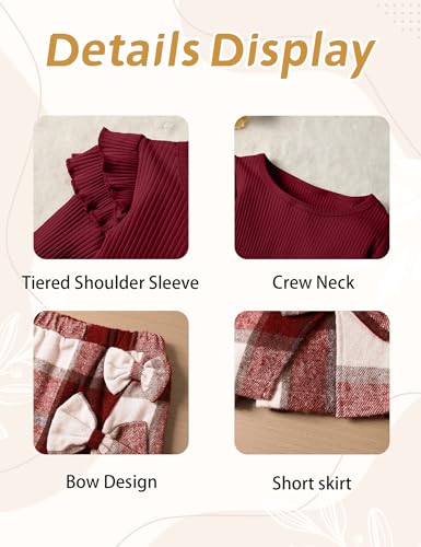 Girls Clothes Ruffle Sleeve T-shirt Top and Bowtie Plaid Skort Set with Hat 3PCS Girls Fall Outfits 5-14 Years4