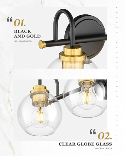 Image of Bathroom Light Fixtures, 3-Light Black and Gold Vanity Lights with Globe Clear Glass, Modern Vanity Lighting Fixtures Over Mirror, AD-22280-3W-KG