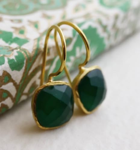 Green Onyx Drop Earrings for Women – Gold Plated 925 Sterling Silver Cushion Cut Gemstone Dangles – Lightweight Handmade Hypoallergenic Jewelry Gift - aretes verdes (Green Onyx)3