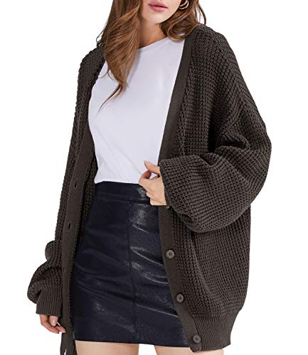 Image of QUALFORT Women's Oversized 100% Cotton Cardigan Sweater | Long Sleeve V Neck Button Down Open Front Knit Outerwear