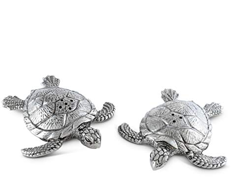 Vagabond House Pewter Metal Sea Turtles Salt & Pepper Shaker Set - Beach Artisanal Sculpture 3.5 Inch Long #TOP30
