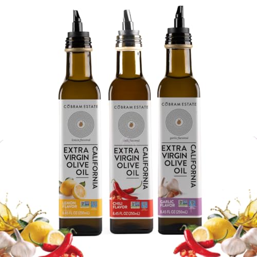 Image of Cobram Estate Artisan Essentials Lemon, Garlic, and Chili Infused Olive Oil - Low-Fodmap Diet Friendly, First Cold Pressed 100% California Extra Virgin Olive Oil - Non-GMO, 3 x 250ml Bottles (Variety)