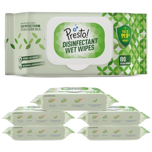 Amazon Brand - Presto! Disinfectant Wet Wipes With Lid | 480 Count | (80 Counts x Pack of 6) | Germ Protection for Skin and Surface