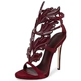Vertundy Burgundy Womens Stiletto Heel Sandals Wings Round Toe High Heeled Sandals Ankle Strap Dress Party Shoes