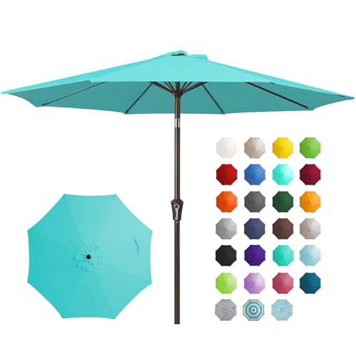 Image of JEAREY 9FT Outdoor Patio Umbrella Outdoor Table Umbrella with Push Button Tilt and Crank, Market Umbrella 8 Sturdy Ribs UV Protection Waterproof for Garden, Deck, Backyard, Pool (Peacock Blue)