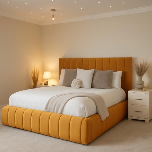 S&W DECORE 5FT King Bed Frame With Headboard And Mattress Upholstered In Plush Velvet Mustard Gold Bed Wooden Slats - No Storage (Mustard Gold Plush, 5FT King With Mattress)