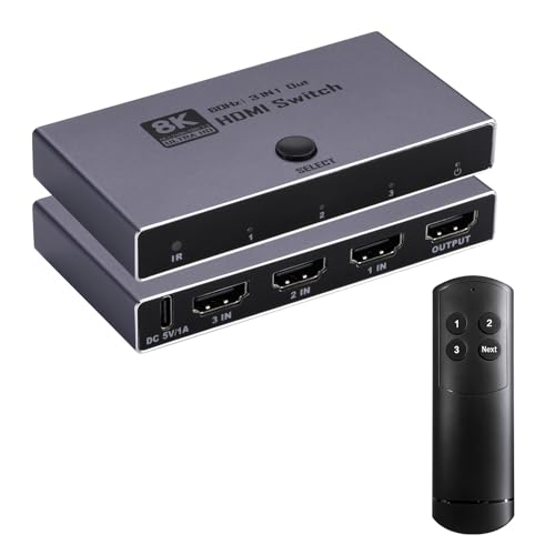 2026 Upgrade 8K HDMI 2.1 Switch HDMI 2.1 Switcher 3 In 1 Out Supports CEC 8K@60Hz 4K@240Hz 1080P@480Hz HDCP 2.3 HDR Dolby Atmos VRR Compatible with PS5 Xbox Blu-Ray Player with IR remote controller