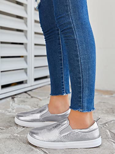 Eileency Boys Girls Shoes Glitter Loafers Slip On Walking Casual Waterproof Canvas Silver #TOP3