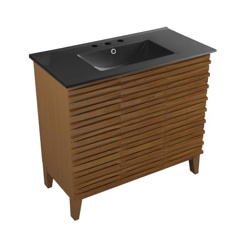 Image of Swiss Madison Cascade 36 in. Brown Oak Bathroom Vanity with Black, 3-Hole Ceramic Sink Top