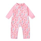 Ewbob Baby Swimming Warm Suit Girls Swimming Costume Long Sleeve Sun Protection Rash Guard Zipper Toddler Girls One Piece Swimsuit Bathing Suits Wetsuit(C12-008)-Pink Seahors-3-6M