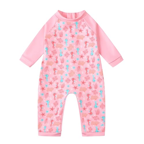 Ewbob Baby Swimming Warm Suit Girls Swimming Costume Long Sleeve Sun Protection Rash Guard Zipper Toddler Girls One Piece Swimsuit Bathing Suits Wetsuit(C12-008)-Pink Seahors-6-12M