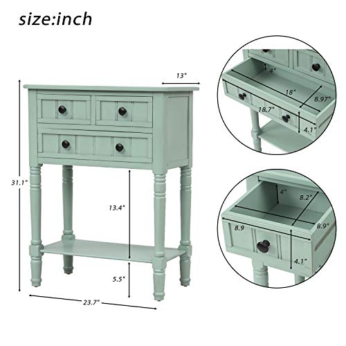 Knocbel Slim Antique Entry Console Table with Drawers & Bottom Open Shelf, Solid Wood Sofa Couch Table for Entryway Hallway Living Room (Mint Green)