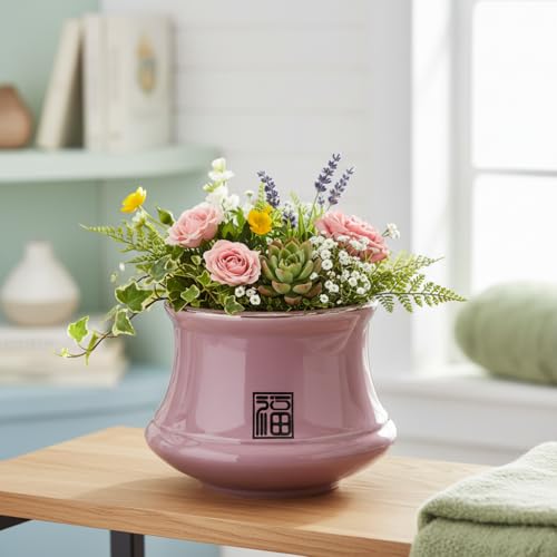 Xtore® Graceful Pedestal Ceramic Planter for Indoor Plants & Tabletop Styling | Soft Pink Decorative Pot for Living Room, Desk & Shelf Display (Pack of 1 - Planter only)