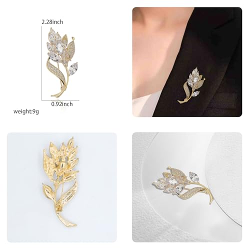 Image of Gold Crystal Flower Leaf Brooches for Womne Elegant Rhinestone Pearl Floral Brooch Pins Fashion Jewelry Brooch pin Accessories for Women Men Gift